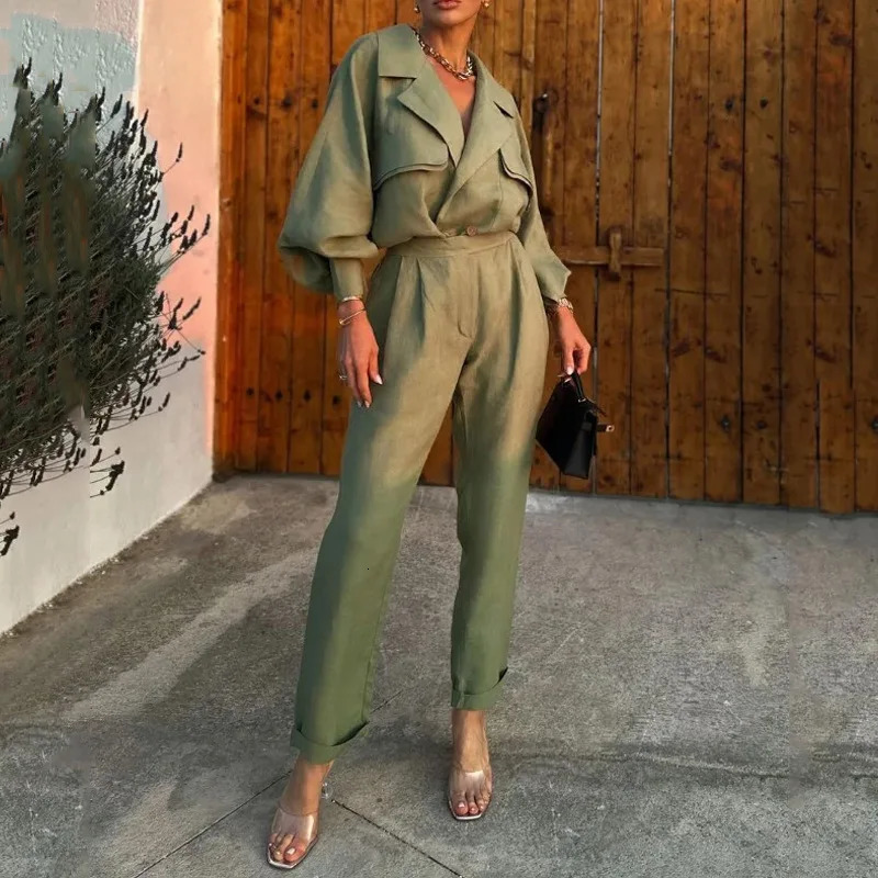 Two Piece Sets Women Pant Set Turn Down Collar Full Sleeve Tops Coats High Waist Long Pants Elegant Splice Slim Fit Summer 250715