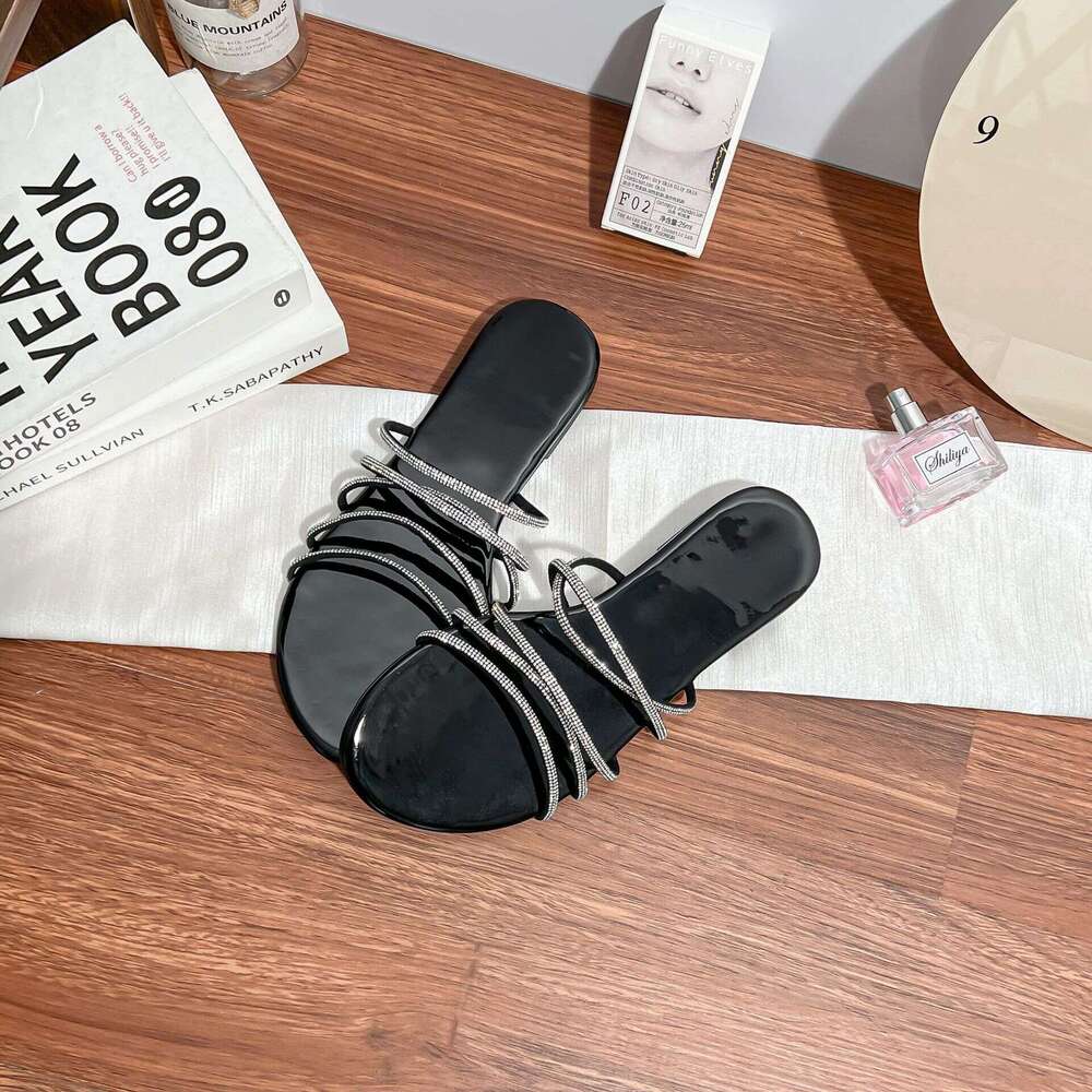 Flat for Women, Outdoor Wear, High-End Feel, Summer Versatile One-Strap Rhinestone Sandals, Fairy Style Women's Sandals