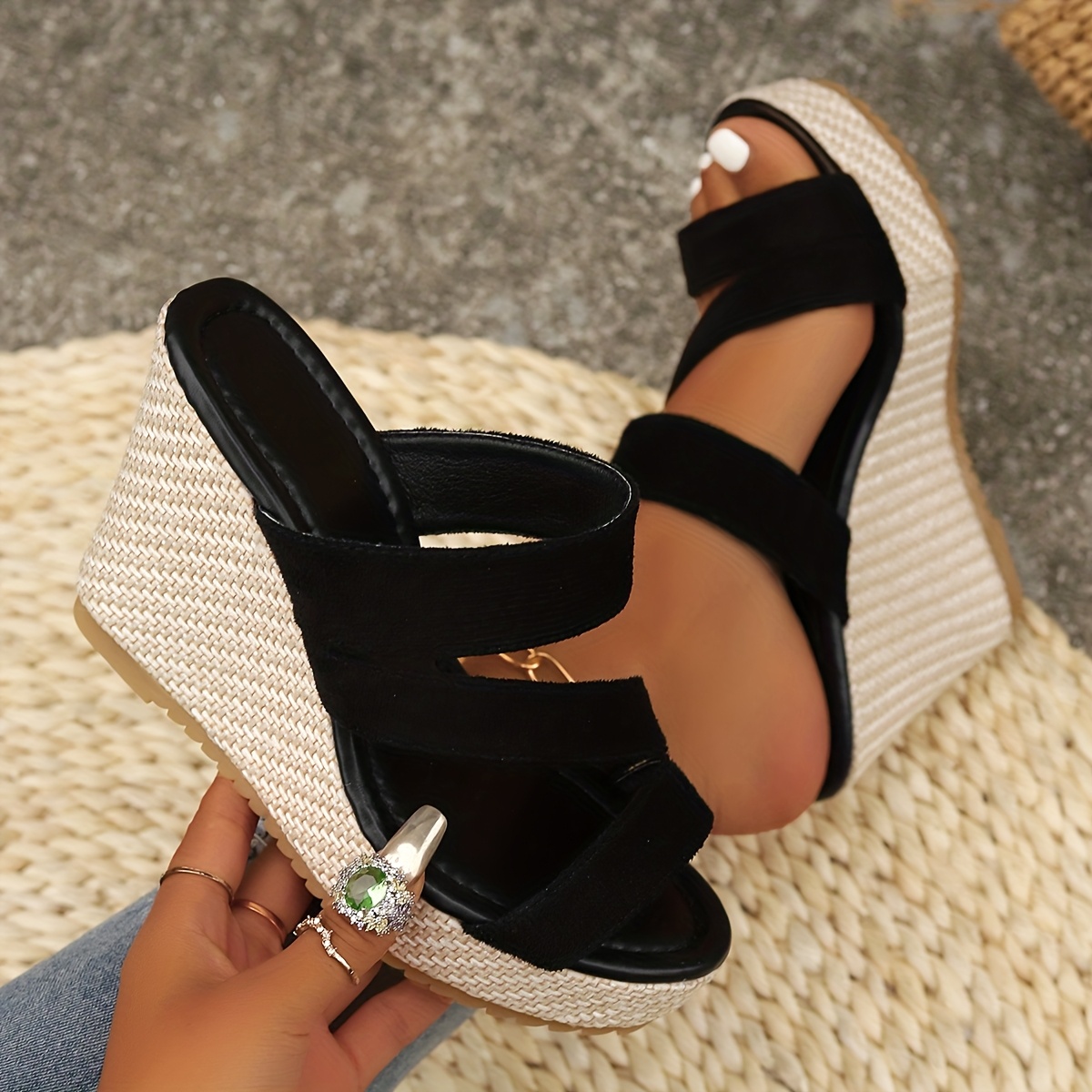 New linen fashion slope heel thick bottom one foot stirrup sandals