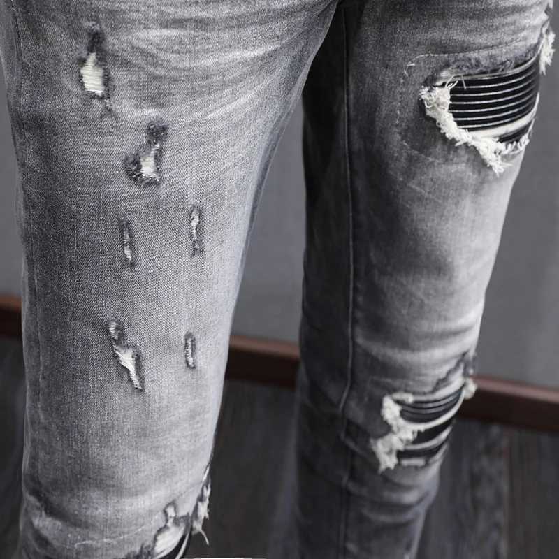 Designer Fashion New High Quality Black Gray Jeans Elastic Slimming Perforated Patch Washed Jeans High Street Hip Hop Brand Pants X250718