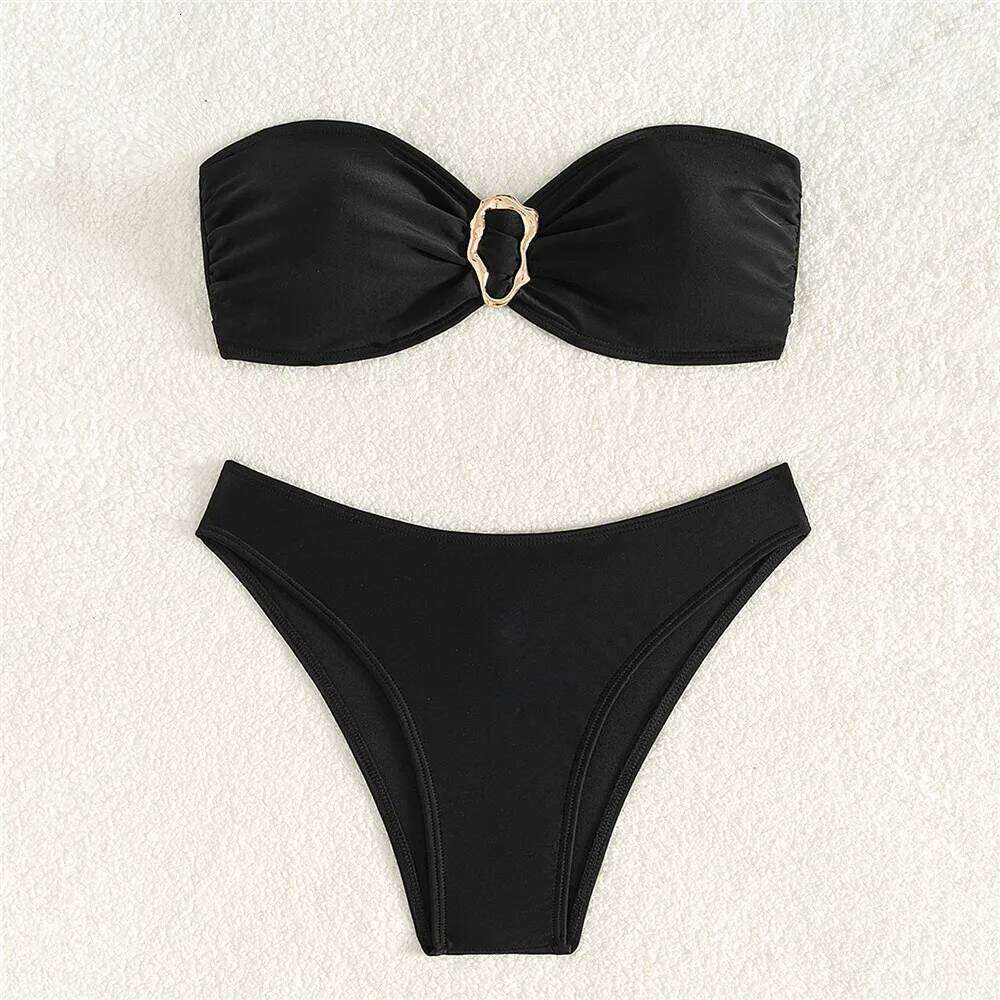 Black Bandeau Bikinis Sets Micro Thong Metal Ring Sexy Swimsuit Women 2025 New Back Knotted Swimwear Bathing Suit Bikini Damen