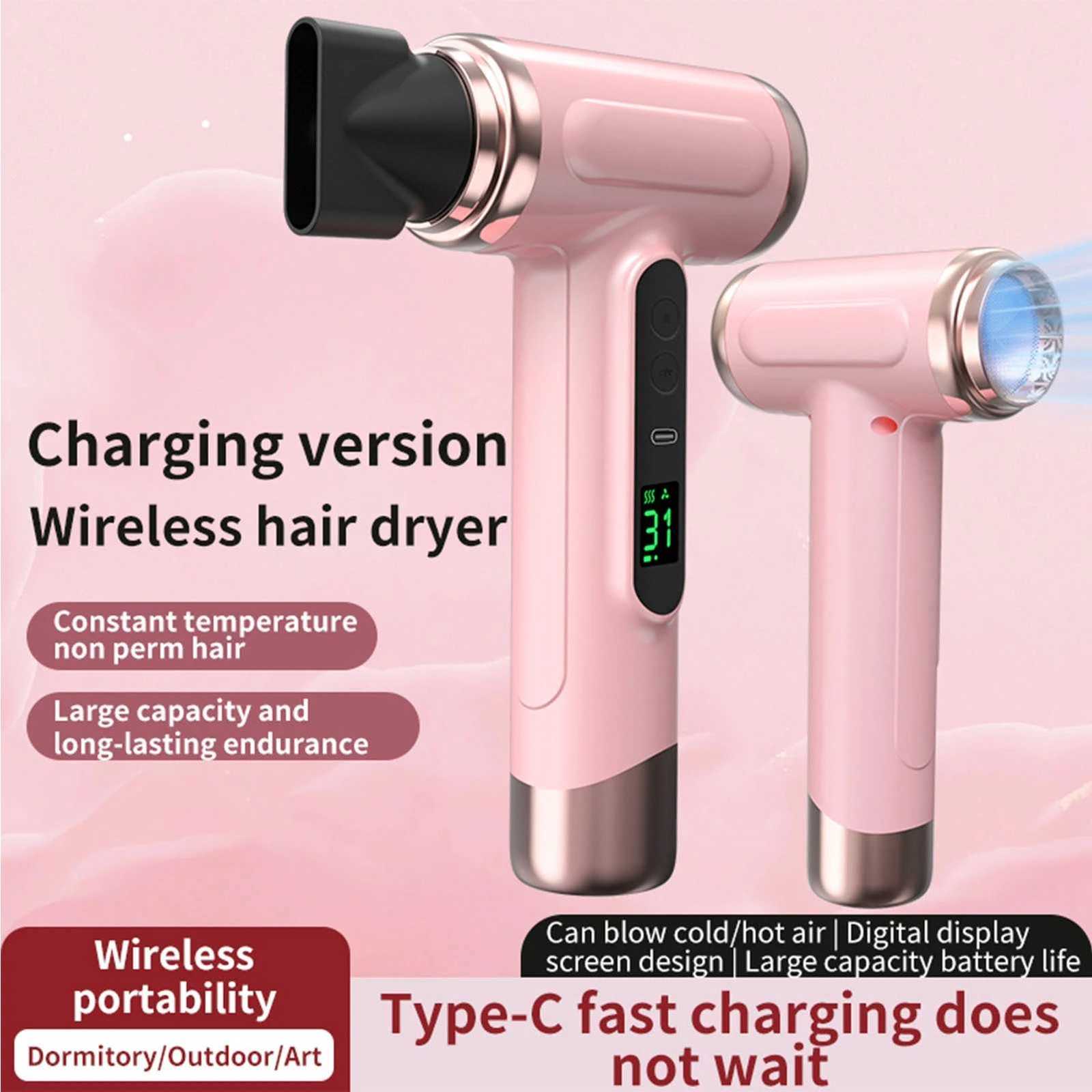 Portable Hair Dryer USB Charging Ergonomic Grip Hot and Cold Air Hair Dryer 200W Fast Drying with Nozzle for Travel W250718