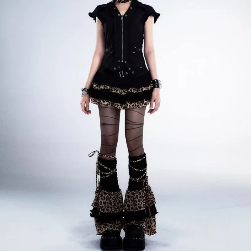 Women Harajuku Leopard Camouflage Leg Warmers Tiered Ruffled Knee Length Boot Cover Flared Footless Socks Streetwear 50cm42cm 250717