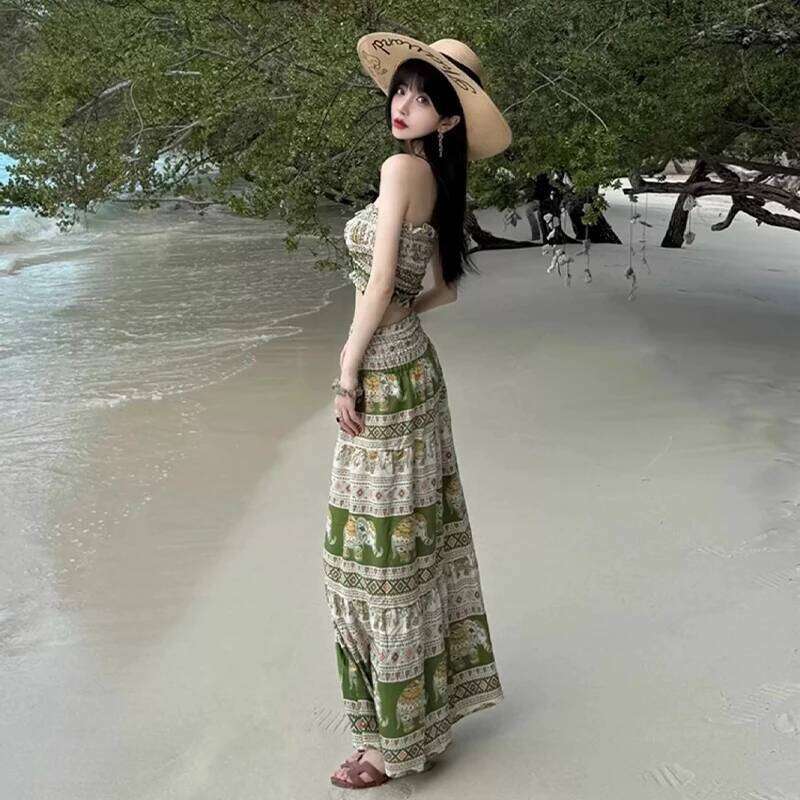 Bohemian Beach Set Handmade Print Wrap Skirt Crochet Top Strapless Swimsuit Thailand Vacation Summer Resort Wear