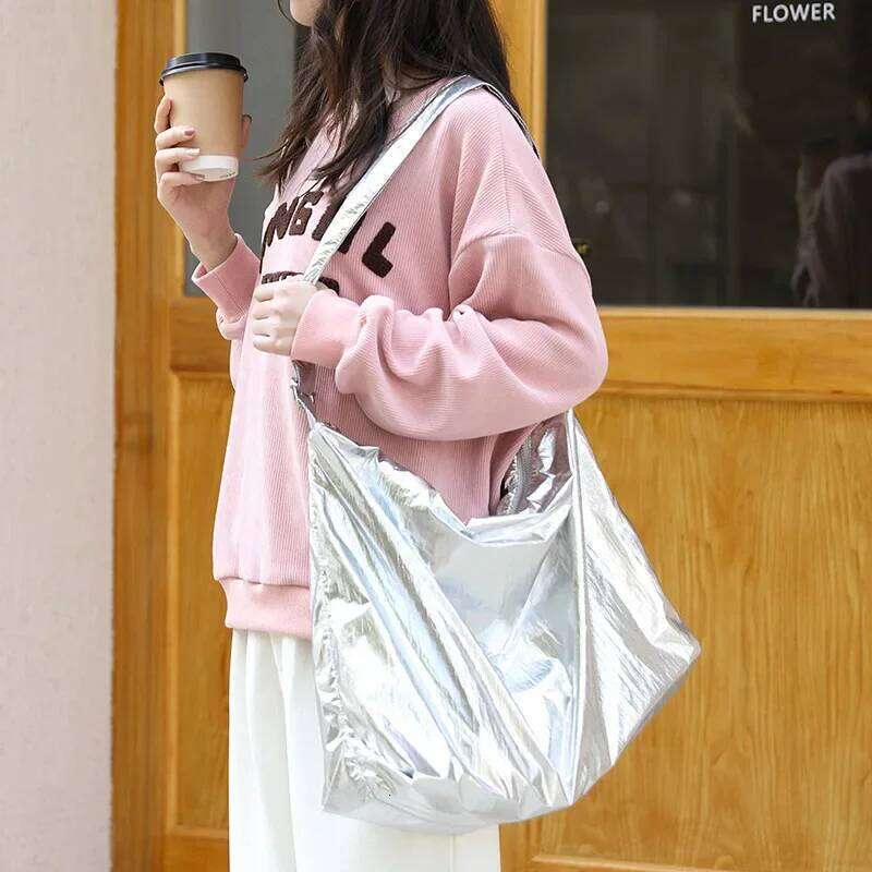 Solid Color Soft Tin Foil Shoulder for Women Korean Style College Student Large Capacity Messenger Casual Crossbody Bagtote bagluxury bag