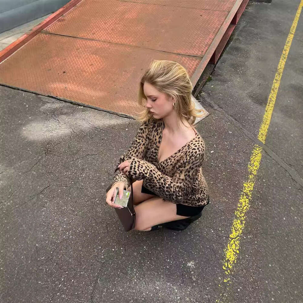 American V-Neck Casual Charm Leopard Print Soft Mohair Knitted Cardigan Hot Girl Autumn Winter Sweater Coat For Women B5