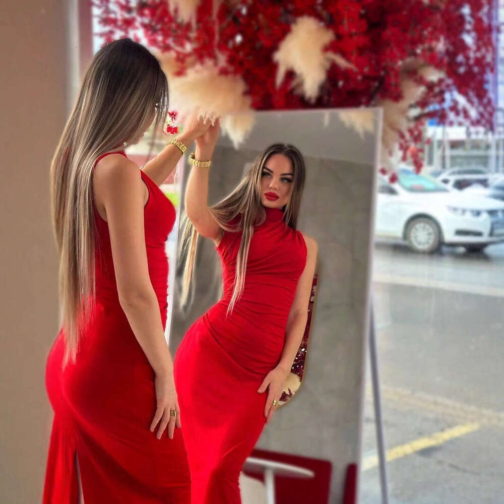 TRAFZA Women's Fashion Sleeveless Ruched Slim Fit Long Split Dress B5