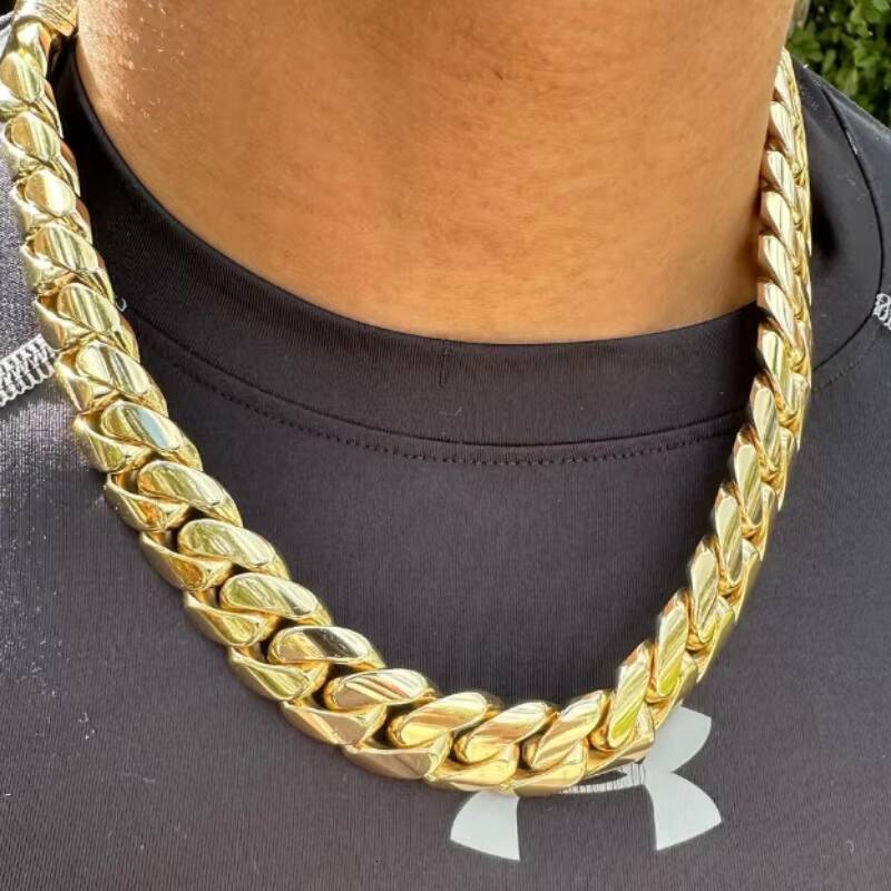 18K Gold Plated Cuban Link Chain Plain Necklace 20MM Custom Rapper Men Hip Hop Plain Gold Moissanite Chain