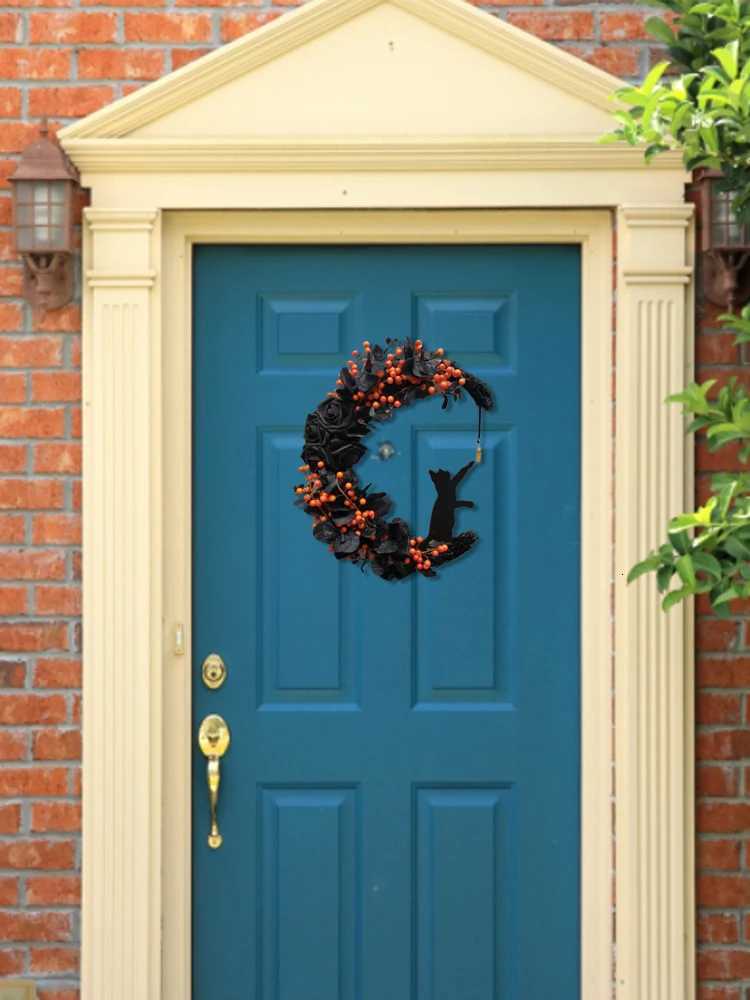 Halloween Gothic Rose Moon Cat Wreath Halloween Door Decoration Crystal Moon Wreath Z250718