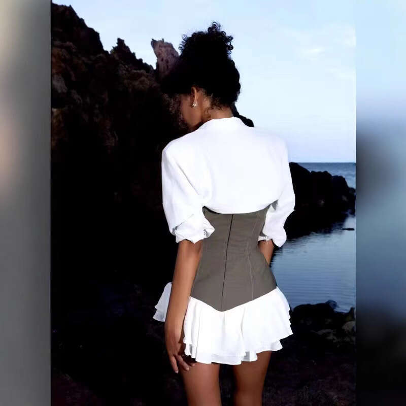 Vietnam Niche Design American Style Spicy Girl Color-Block Waist-Cinching Ruffle Short Skirt Patchwork Strapless Dress Set For Women B5