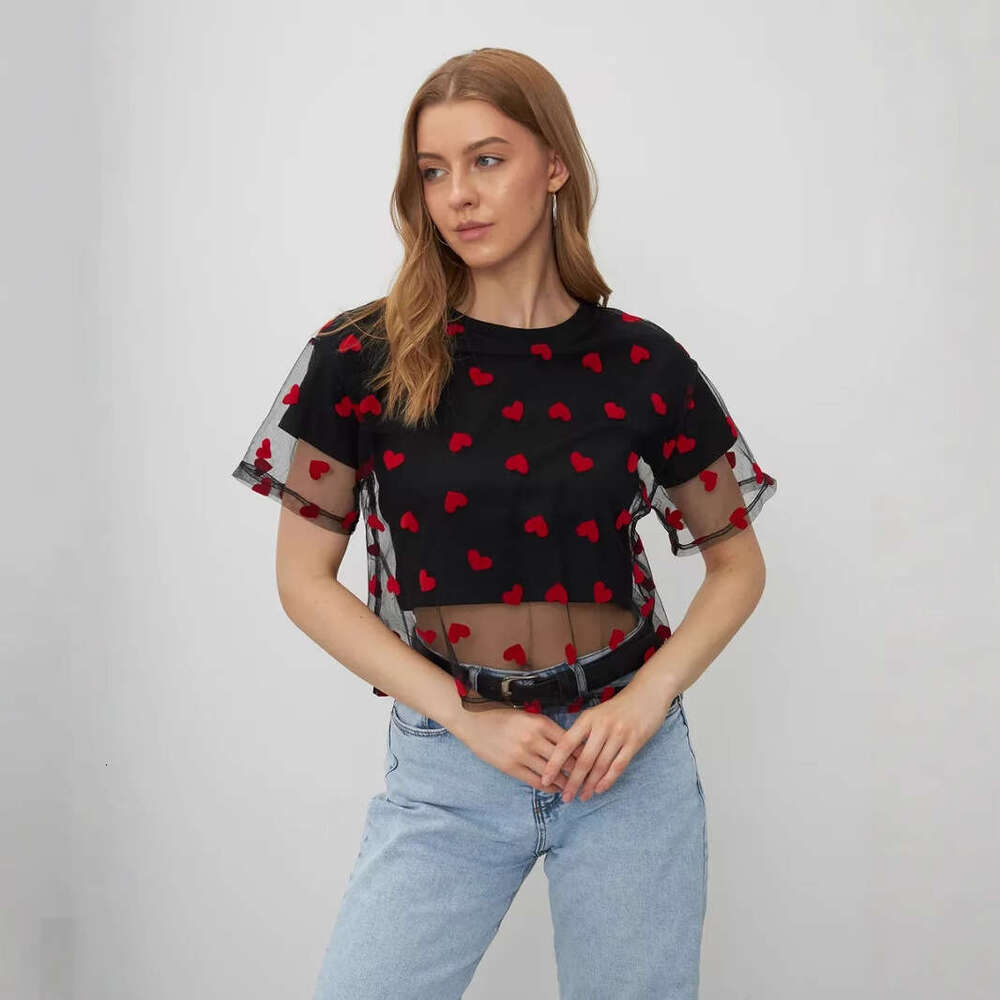 Summer New Heart Mesh Patchwork Color-Block T-Shirt For Women Fake Two-Piece Style Y2k Cotton Short Top B5