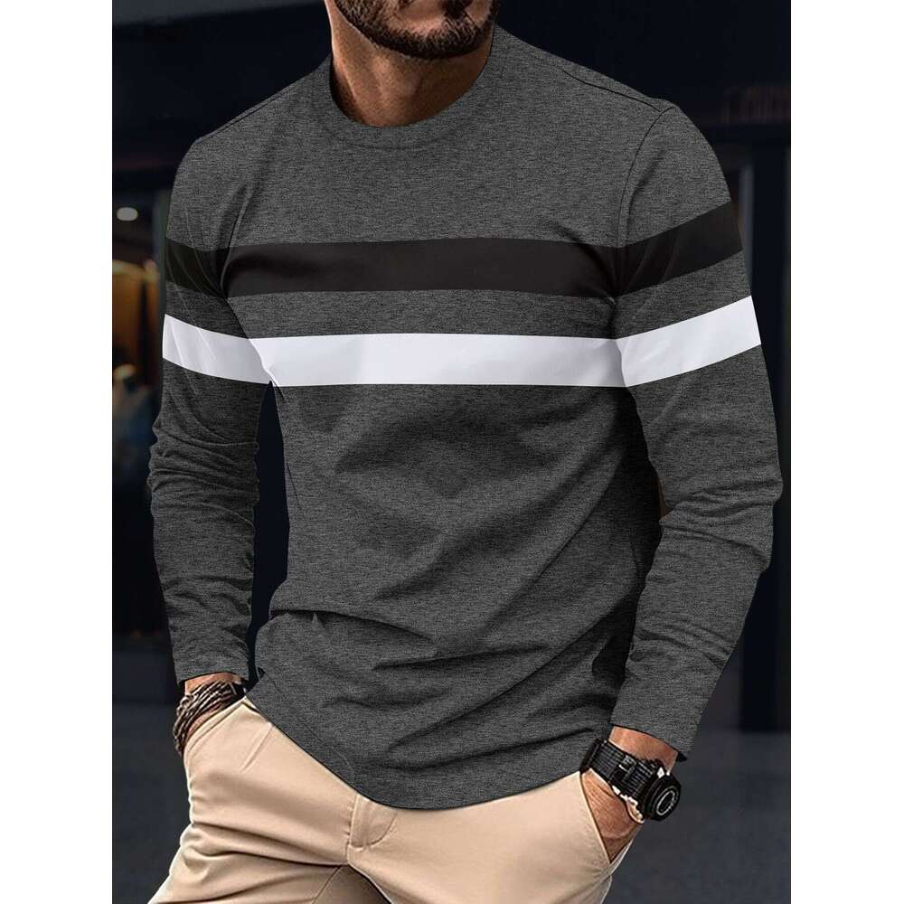 Spring And Autumn Men's Long Sleeve New Color Block T-Shirt Trendy Casual Sports Outerwear Crew Neck Base Shirt Top B5