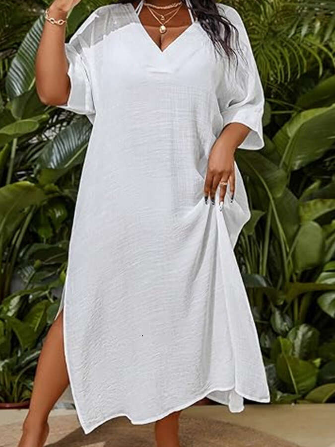 Women's Wrinkled Cotton Rayon Solid Color Minimalist Homewear Dress Beach Cover-Up Sun Protection Shirt B5