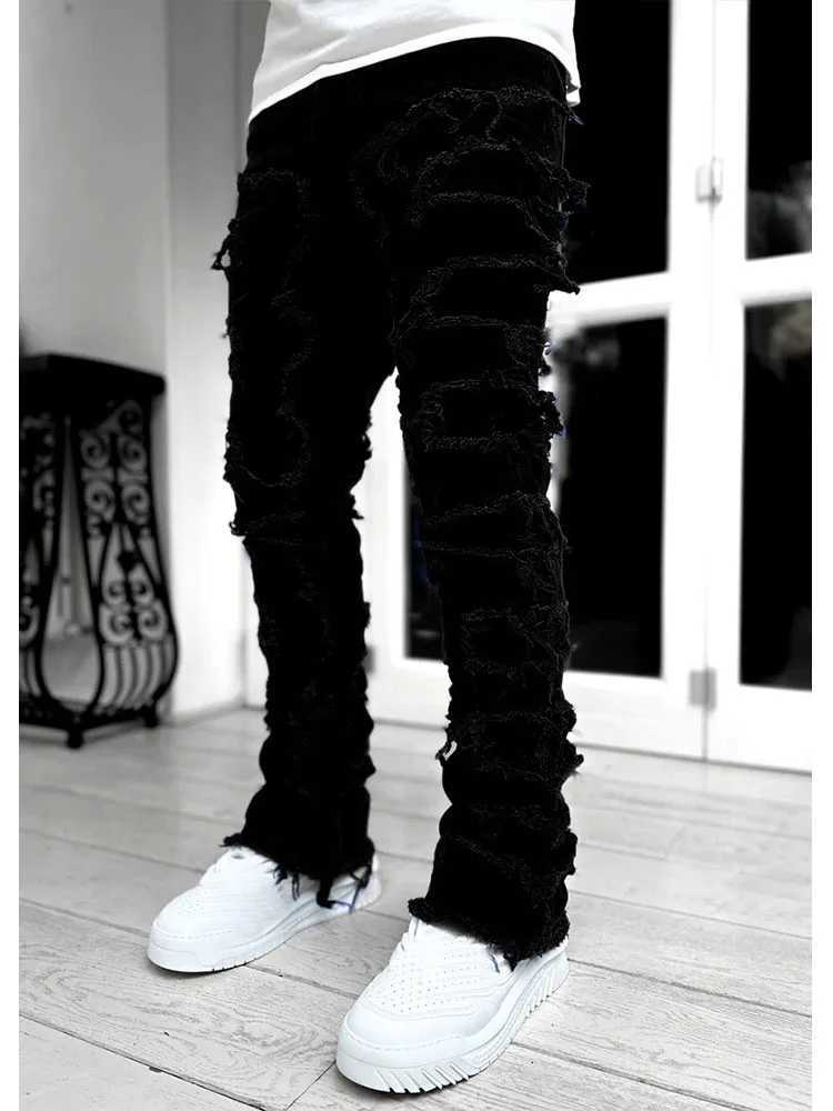 Mens Casual Distressed Jeans Tassels Patchwork Design Slim Fit Solid Color Stretch Denim Pants Straight Leg Streetwear Trousers X250718