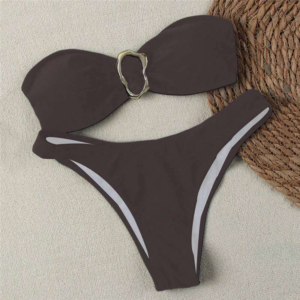 Black Bandeau Bikinis Sets Micro Thong Metal Ring Sexy Swimsuit Women 2025 New Back Knotted Swimwear Bathing Suit Bikini Damen