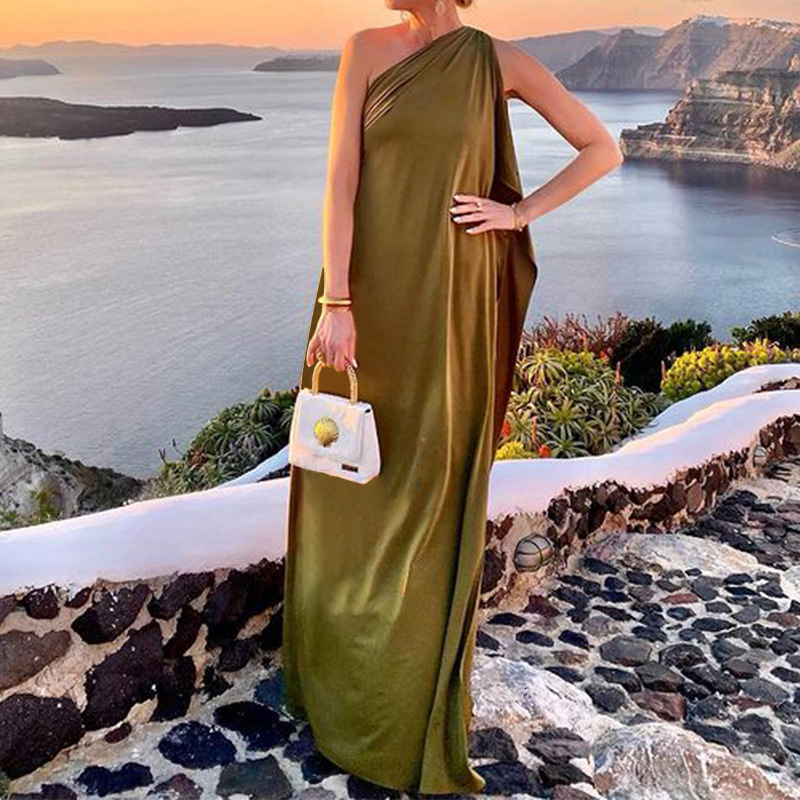 Womens New Style Personality Asymmetrical Off-Shoulder Mid-Length Dress Sexy Gown