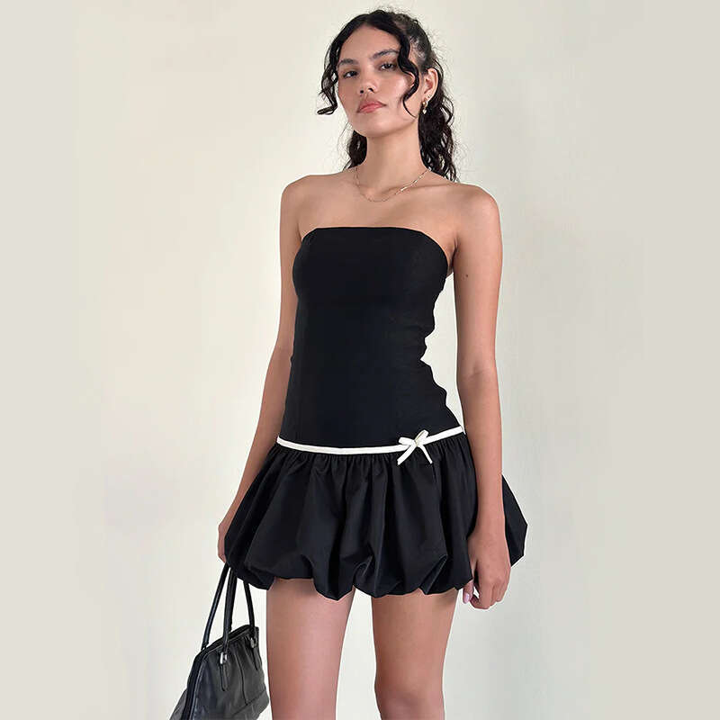 Women's Autumn New Ins Style Color-Block Simple Strapless Slim Fit Flower Bud Dress B5