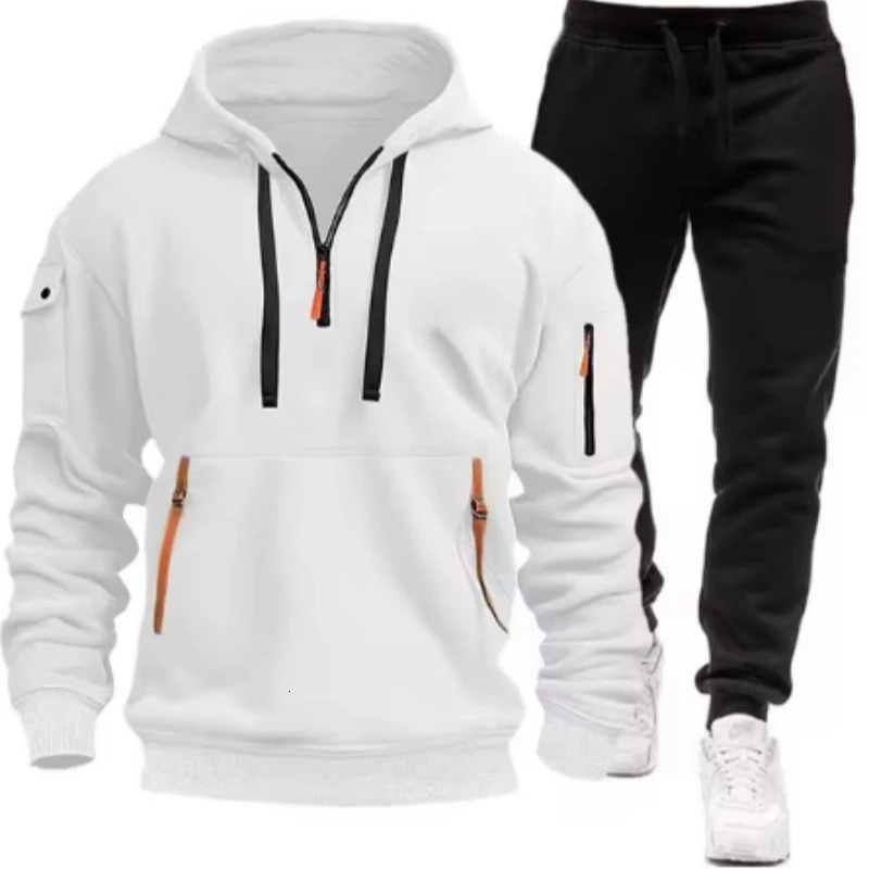Mens Leisure Sports Pullover Multi Zipper Arm Pocket Hoodie Set Autumnspring Fashion Hoodie Mens Loose Coat Pants Suit 250715