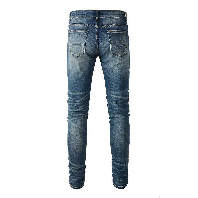 Men Leather Patch Biker Jeans Skinny Tapered Stretch Denim Blue Pants Streetwear Patchwork with Holes and Ripped Trousers X250718