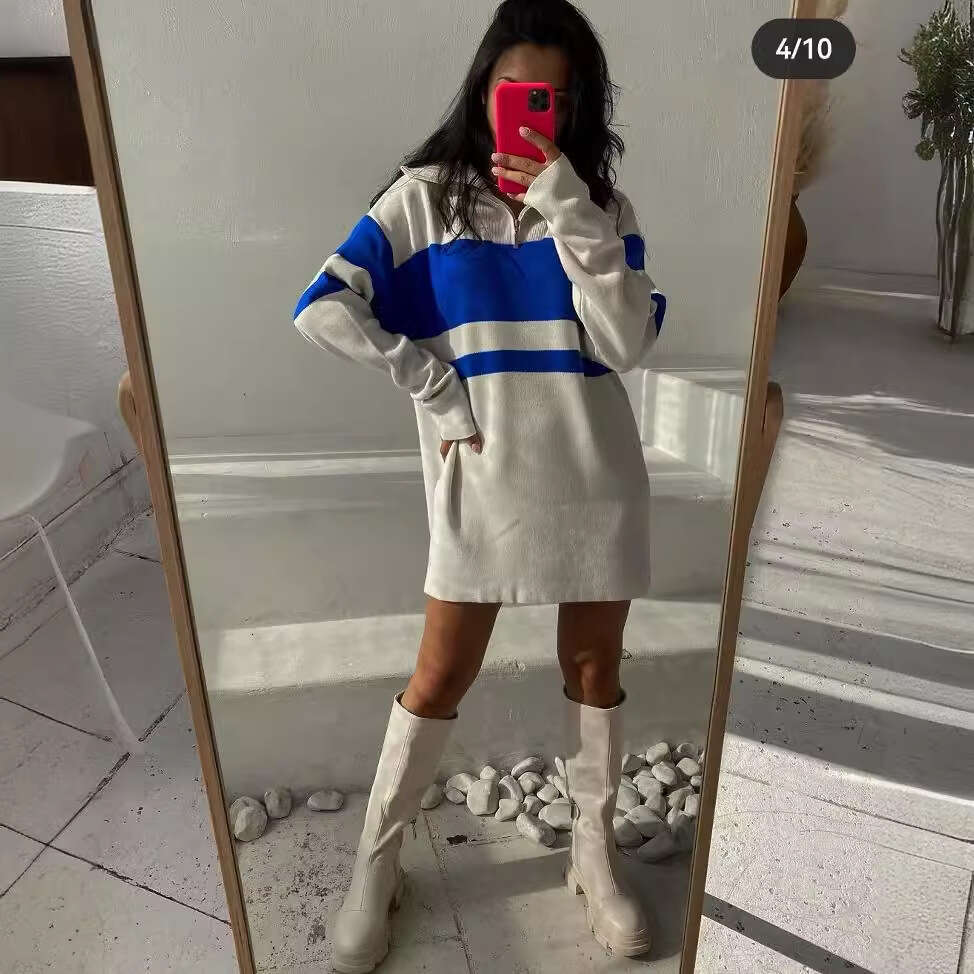 Ins Style Zipper Pullover Sweater Women, Loose Soft Knitted Long Sleeve Dress, Color Block Patchwork Top For Women B5