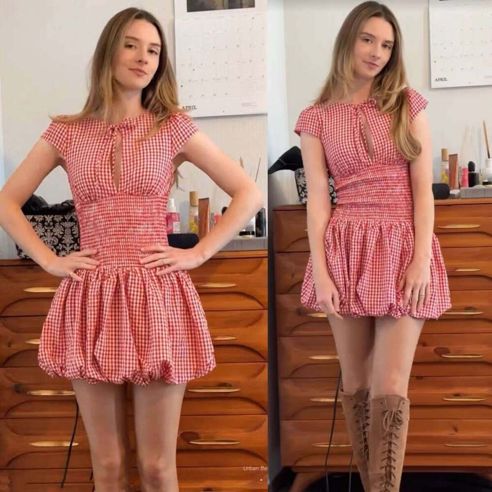 French Red Plaid Hollow Sleeve Summer Yu Shuxin Same Style Waist Slimming Short Dress B5