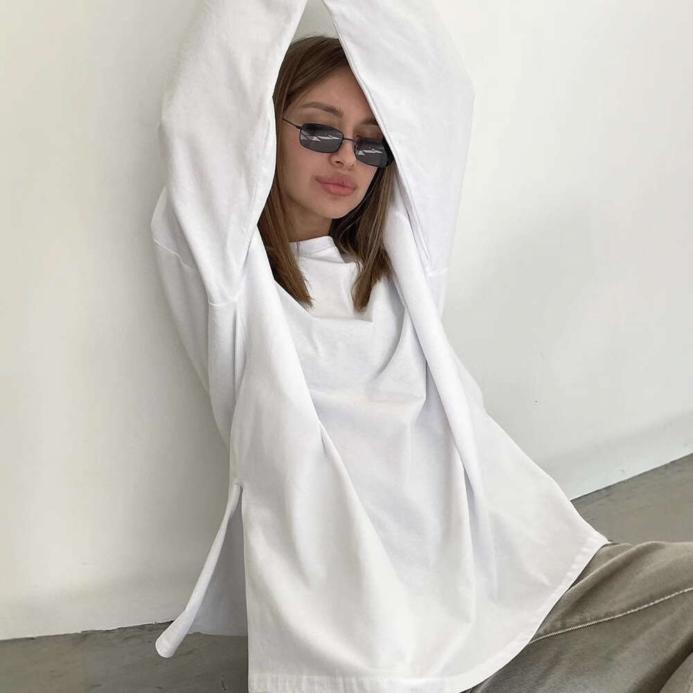 Style Loose Long Sleeve Split T-Shirt For Women, Solid Color 100% Cotton Top, Spring Summer Women's Clothing B5