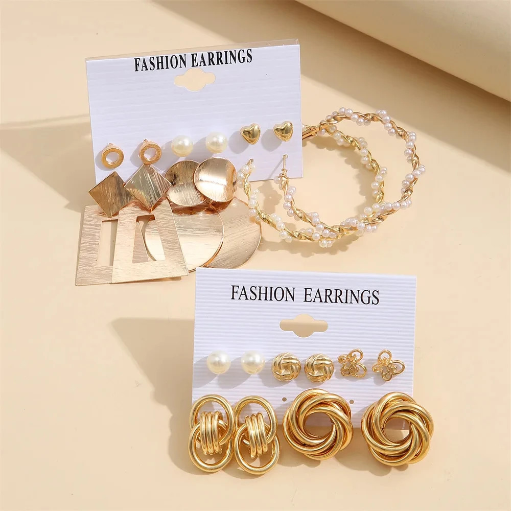 Vintage 2 Sets/Pack Gold Color Metal Twist Pearl Hoop Earrings for Women Girls Geometric Knot Heart Dangle Earring Set Jewelry 250717