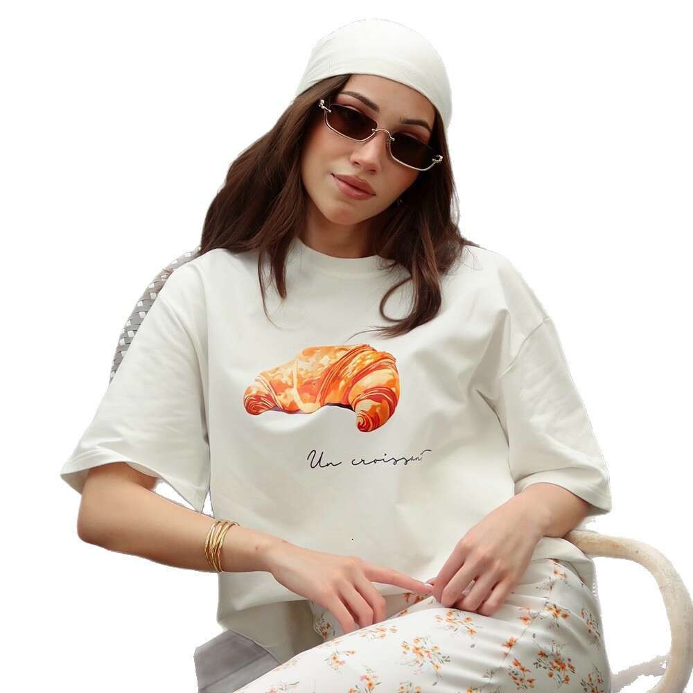 100% Cotton T-Shirt Summer Baguette Print Loose Short Sleeve Tee For Women B5