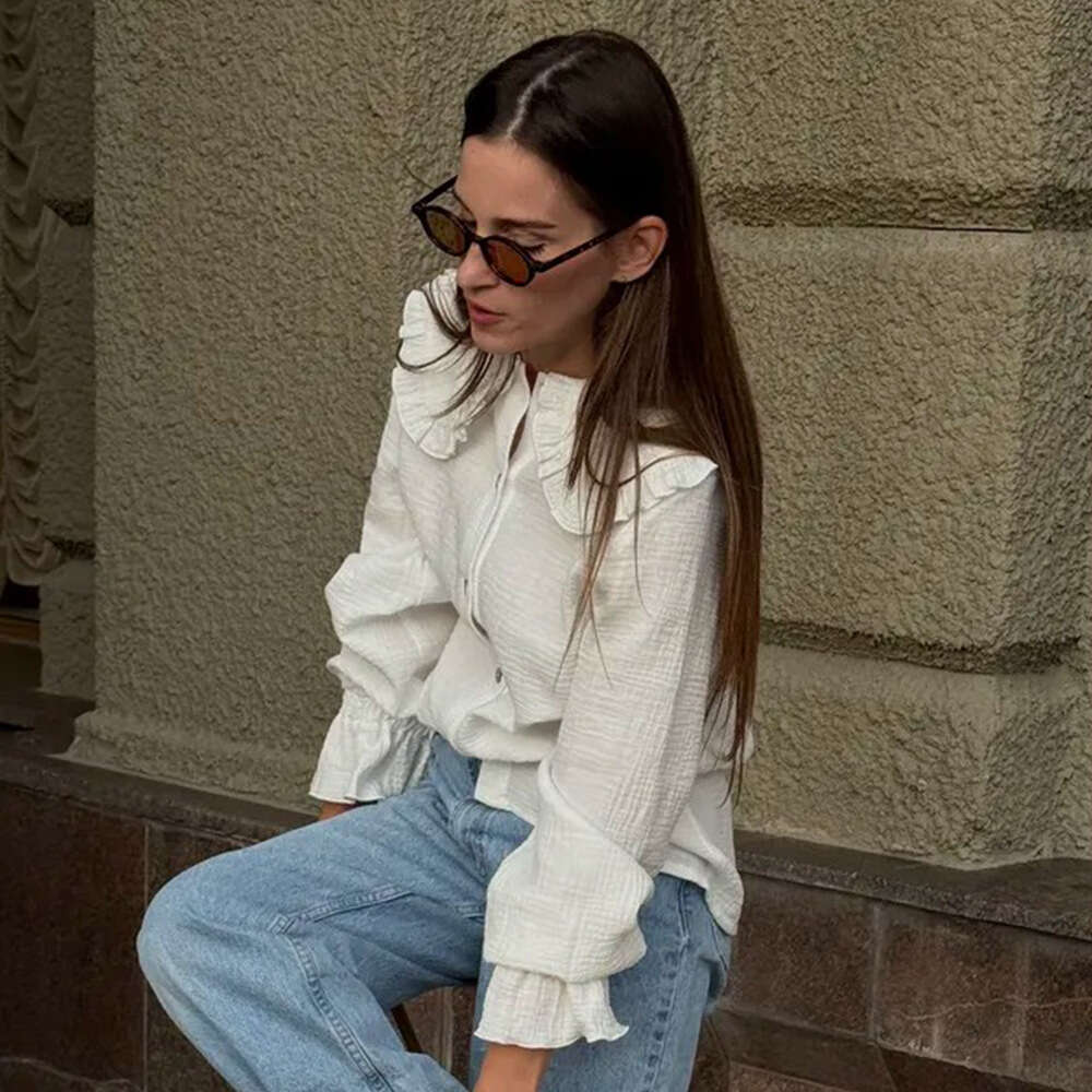 Pure Cotton Doll Collar Summer New Ruffled Lantern White Long Sleeve Shirt For Women B5