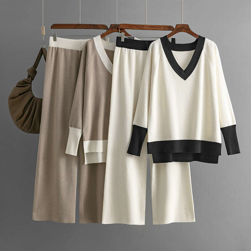 Fashion Casual for Women 2024 Autumn Winter New V-neck Color-block Knit Sweater Loose Wide-leg Pants Two-piece Set