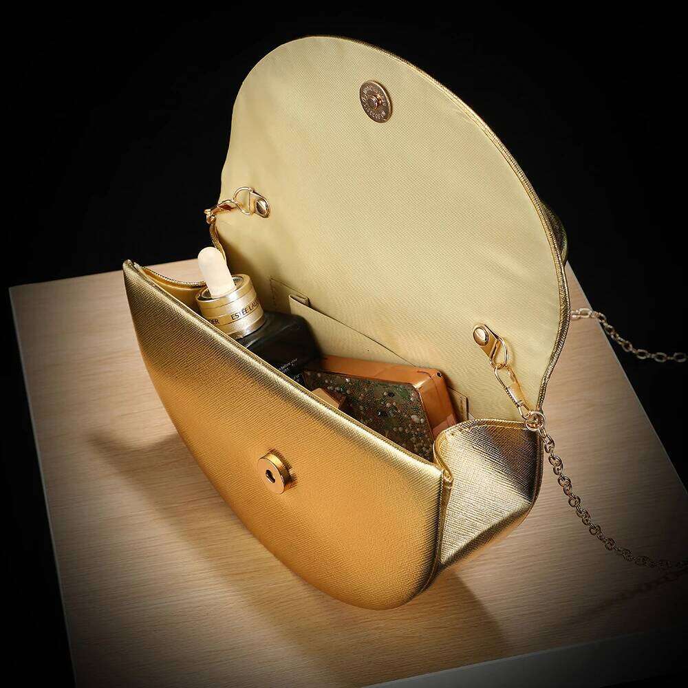 New halfmoon handbag shiny evening dress delicate metal chain shoulder fashion gift small items storage bag