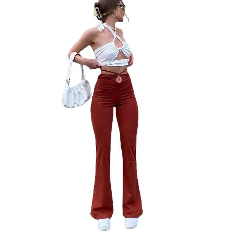 Women's Summer New High-Waisted Elastic Tie Solid Color Flared Elegant Commuter Pants B5