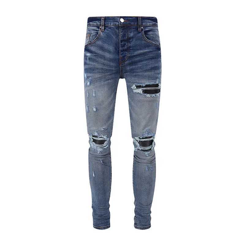 Designer Fashion Washed Nostalgic Elastic Slimming RETRO Washed Blue Hole Patch Jeans High Street Hip Hop Brand X250718