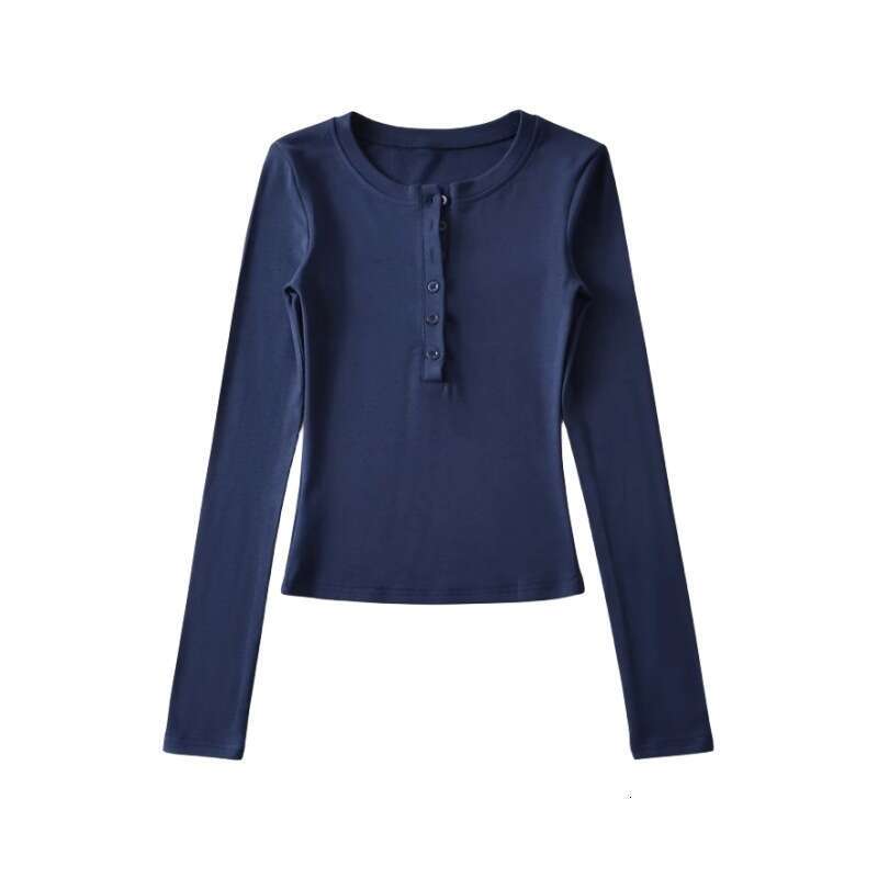 Autumn Winter New Half Open Button Round Neck Long Sleeve Base Shirt For Women Basic Simple Elastic Slim Fit Fleece T-Shirt Top B5