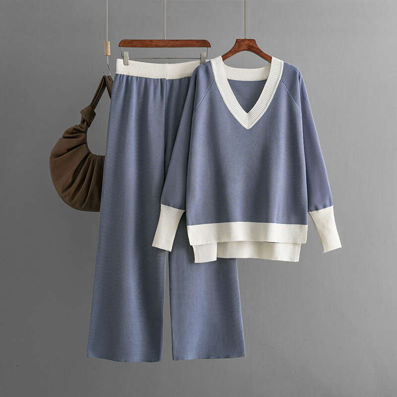 Fashion Casual for Women 2024 Autumn Winter New V-neck Color-block Knit Sweater Loose Wide-leg Pants Two-piece Set