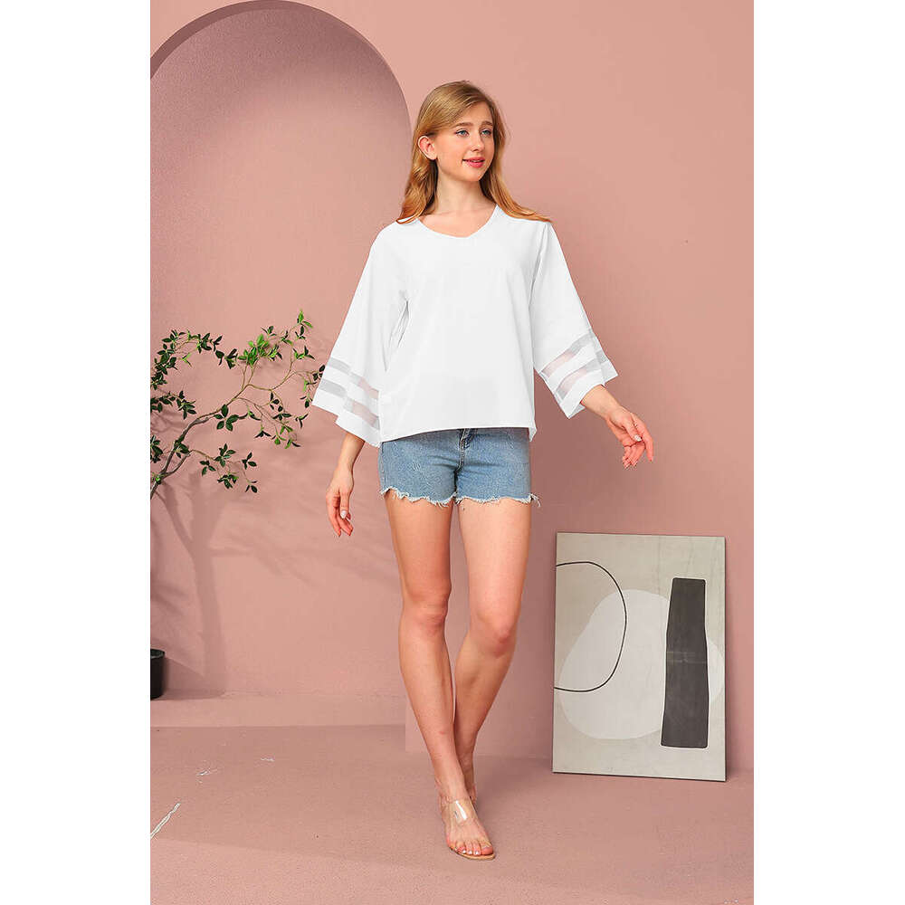 Summer New Women's Loose V-Neck Mesh Patchwork Sweet Fresh Girl Style Chiffon Blouse B5