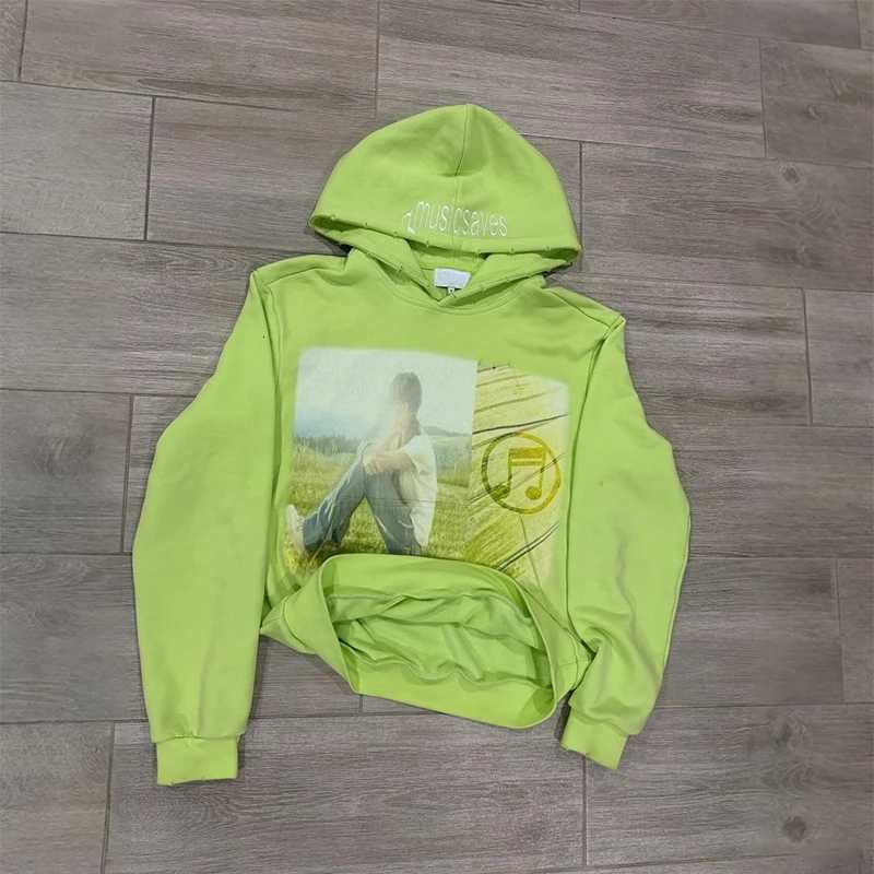 2K Fashion Trend Hoodie Oversize Retro Music Themed Graphic Printing Green Pullover Hoodie Men Women Casual Comfort Streetwear X2507181