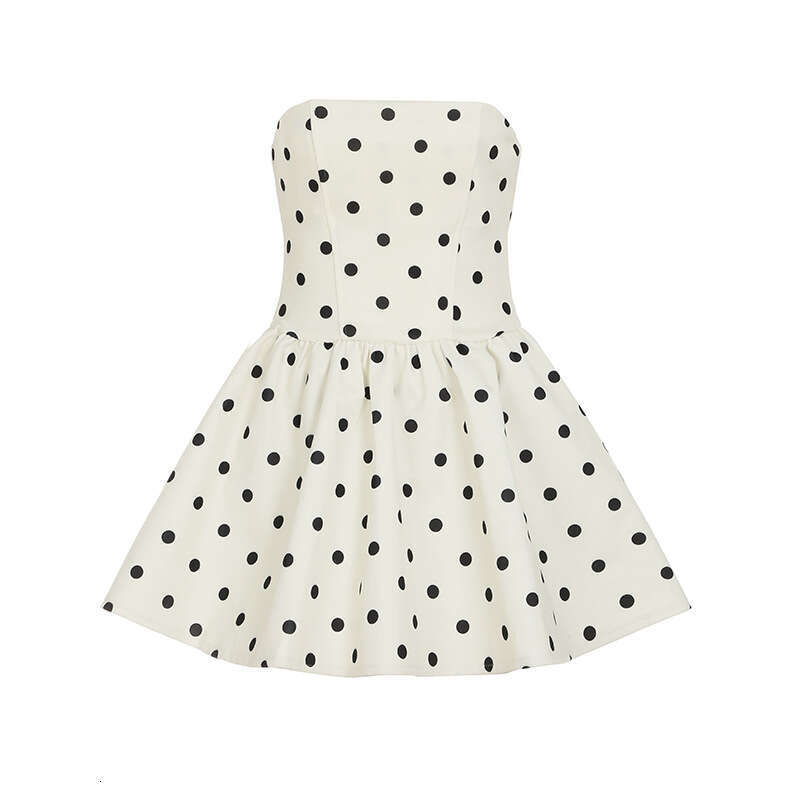 French Style Summer New Strapless Waist-Cinching A-Line Short Polka Dot Bow Puff Dress For Women B5