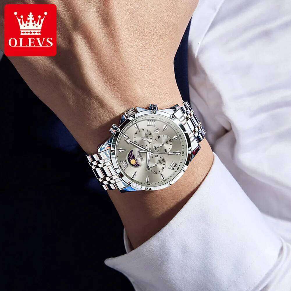OLEVS 3653 Mens Quartz Multifunctional Chronograph Watch For Men 30M Waterproof Luminous Moon Phase Box Original free shipping
