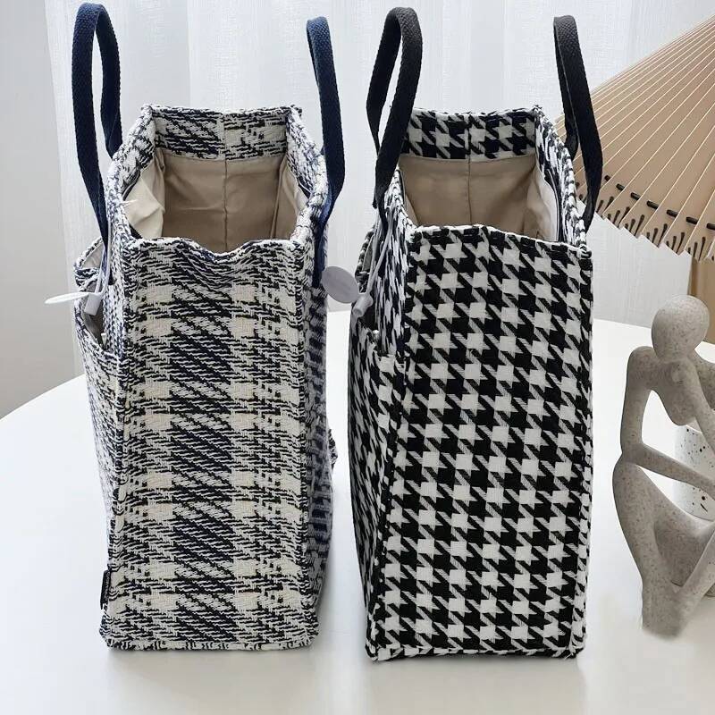 Hylhexyr Women's Thickened Canvas Handbag Grid Pattern Student Bento Lunch Box Bag Casual Tote high-quality