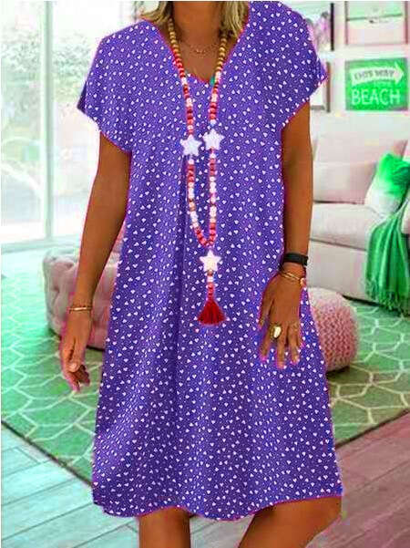 Summer New Casual Short Sleeve V-Neck Top Polka Dot Heart Print Dress For Women B5