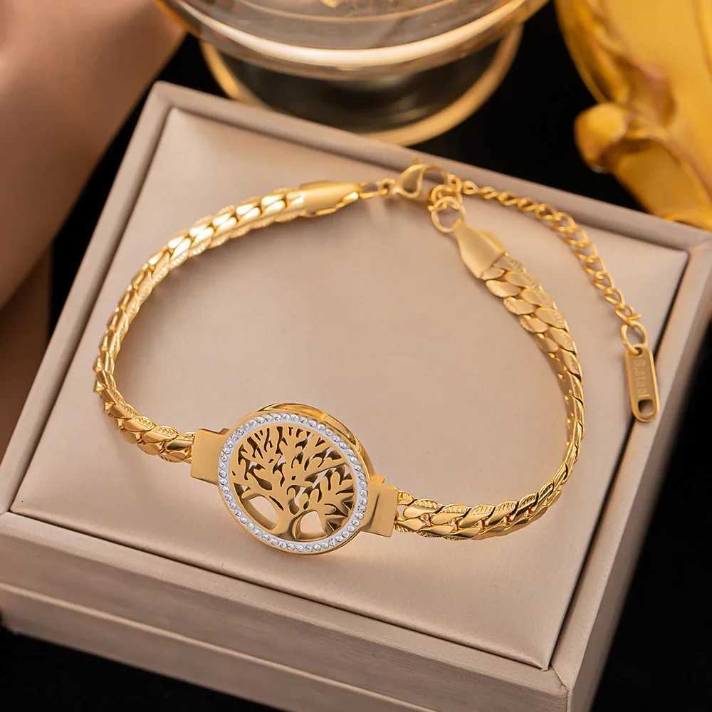 2024 Trendy Creative Personality Gold Color Stainless Steel World Tree Bracelet for Women Luxury Inlay Crystal Bangle Jewelry X250718