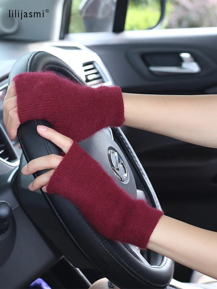 Mink Cashmere Autumn Winter Women Gloves Fingerless Warm Racoon Wool Mittens Wrist Length Thumb Hole Mitts Korean Female Lovely 250715