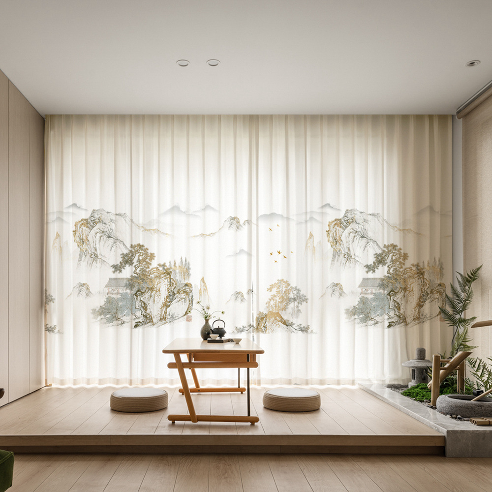 YL-36627 New Chinese style landscape painting all-match chiffon window screen living room bedroom tea house temple light-transmitting and non-transmit