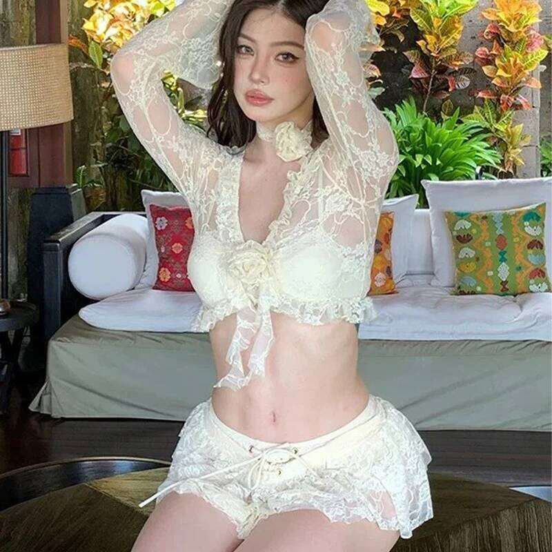 Pure Temptation Lace 4pcs Push Set Slimming Bikini Thermal Spa Resort Sexy Dress Cover Up Swimsuit for Vacation