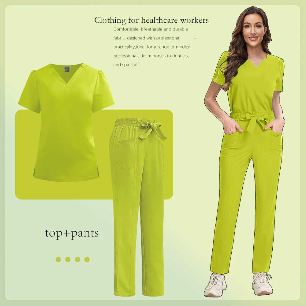 Medical Uniforms Women V-neck Top Straight Pants Hospital Nursing Scrubs Set Stretch Surgical Workwear Dentist Vet Doctor Suit Z250718