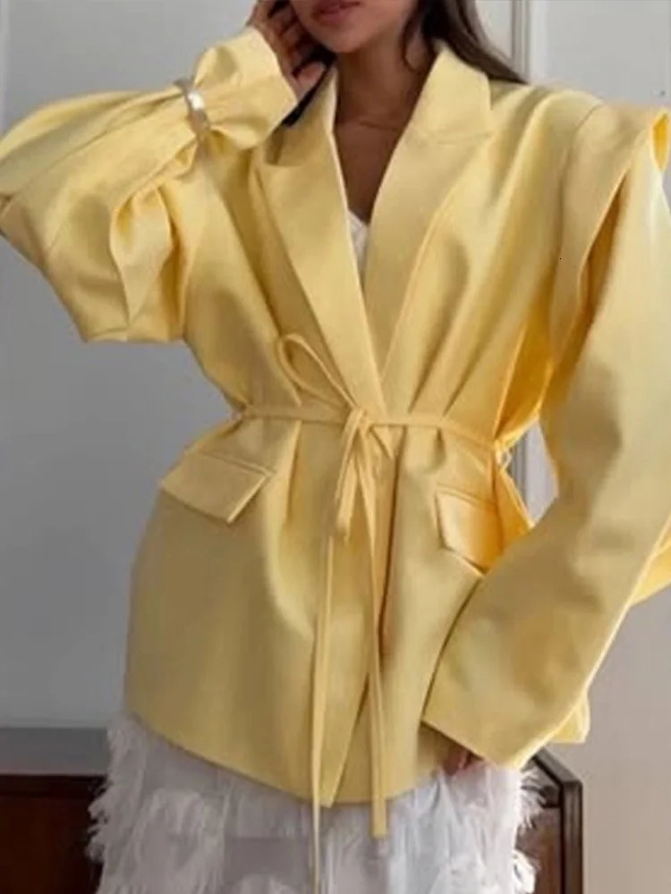 FMZXG 2025 Spring Summer Streetwear Lady Jacket Fashion Solid Lapel Blazer Jackets Women Long Sleeve Single Button Lace Up Coats 250715