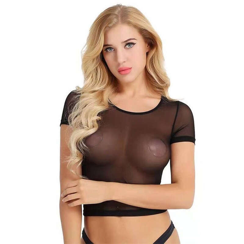 Sexy Transparent Temptation Short Sleeve Crop Top Mesh Home Women's Nightdress Tight Lingerie B5
