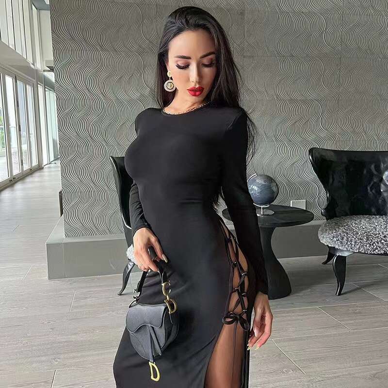 Fashion Women's Solid Color Asymmetrical Slit Long Sleeve Slim Fit Tie Sexy Bodycon Dress B5