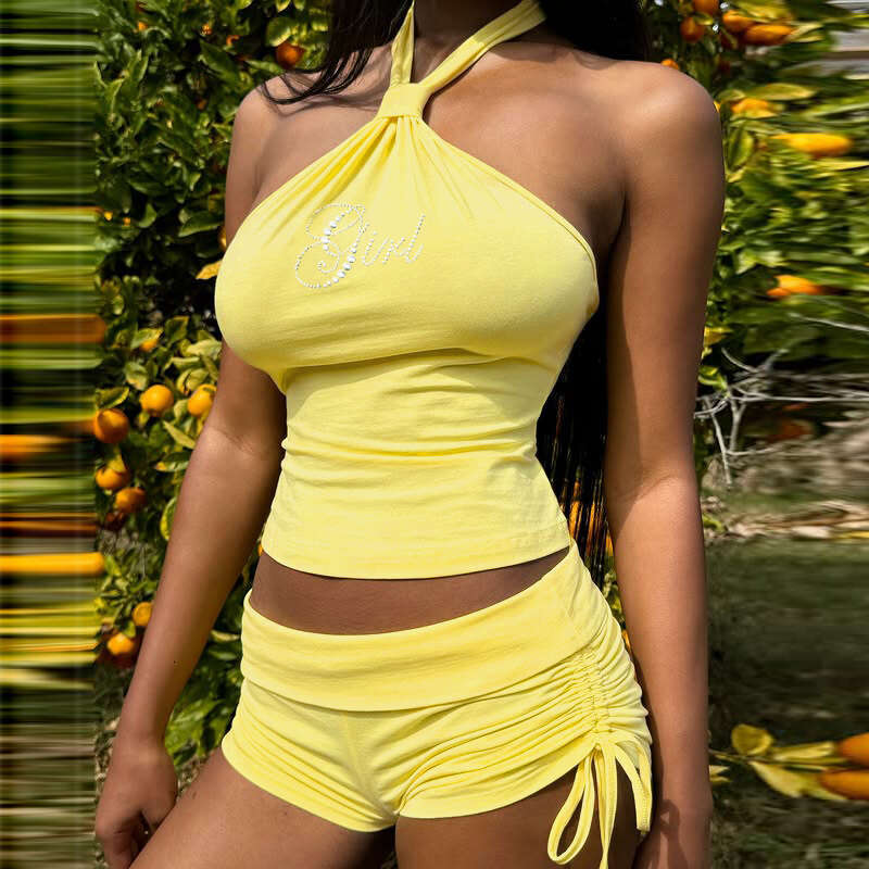 Women's Summer New Halter Neck Backless Rhinestone Vest Top Drawstring Ruched Shorts Two-Piece Set B5